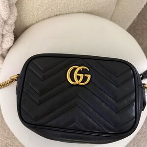 Gucci Black Quilted Leather GG Crossbody Bag with Gold Hardware